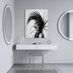 black and whitehair flip water splash metal print displayed in blowout bar interior