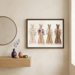 Modern watercolor canvas print featuring floral leg silhouettes hanging in a bright, stylish living room setting