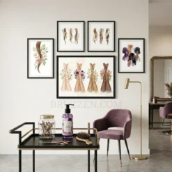 A curated gallery wall in a luxury spa featuring the waxed floral legs canvas alongside botanical decor