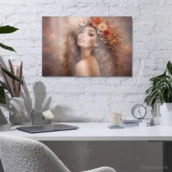 Flower crowned woman metallic print-chic living room wall decor