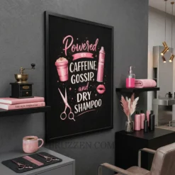 Side profile view of the salon poster showing the depth and sleek finish of the black wood frame against a neutral wall
