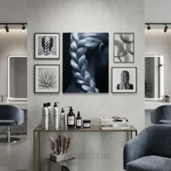 French braid silver hair glossy metal print styled on moody dark contemporary gallery wall