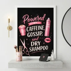 Minimalist living room setting featuring a framed salon-themed art print styled on a shelf next to a small potted plant.