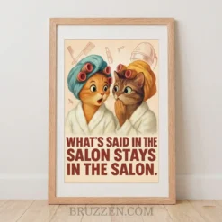 Retro illustration of two cats in hair rollers and robes with bold red typography on a framed salon poster.