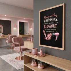 Side view of the funny salon framed poster showing the sleek black frame depth and high-quality print finish