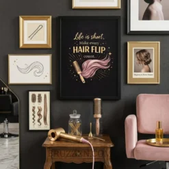 A curated gallery wall with a beauty theme featuring the hair flip poster alongside complementary gold decor accents