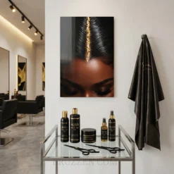 gold part black hair portrait glossy metal print hanging in luxury hair salon interior