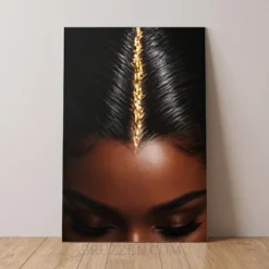 gold part black hair portrait glossy metal print salon wall art on deep black background