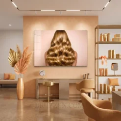golden waves hair portrait  metal print hanging in modern hair salon