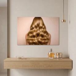 golden blonde hair portrait metal print displayed on bedroom feature wall