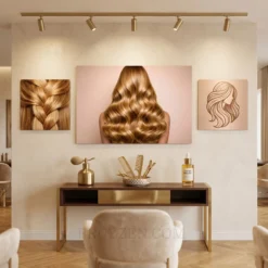 golden waves hair portrait aluminum metal art styled on soft modern gallery wall