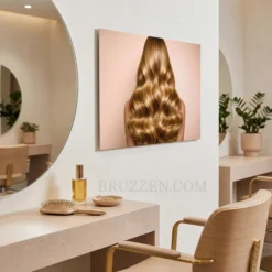 side angle view of golden waves hair portrait aluminum print showing floating wall mount