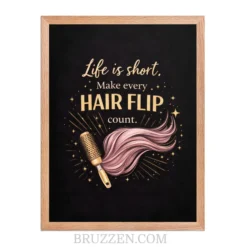 Close-up detail of the hair flip poster showing the vibrant pink ink and shimmering gold starburst illustration.