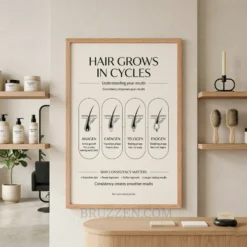 hair growth cycle framed poster hanging on wall facing treatment bed in modern waxing room