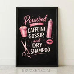 Funny hair salon framed poster with pink typography and icons for coffee, dry shampoo, and scissors on a white background