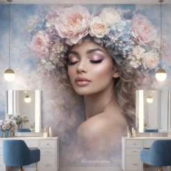 Moody floral feminine portrait wallpaper design for hair salon interiors