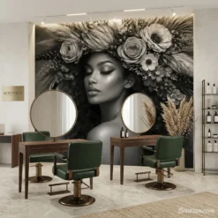 Dramatic black and white flowing botanical hair wallpaper for hairdresser salon