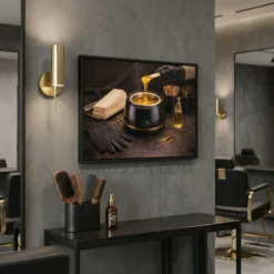 angled view of hot wax pot beauty station framed canvas showing 1.25 inch frame depth
