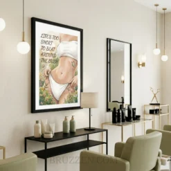 angled view of funny waxing quote framed poster showing 0.75 inch ayous wood frame depth