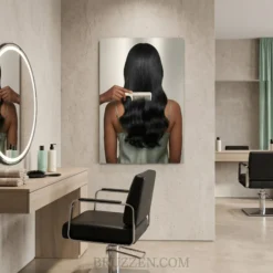silky black hair comb glossy metal print hanging in modern hair salon interior