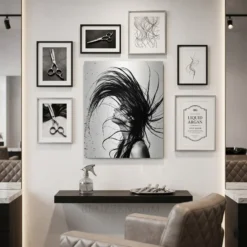 monochrome hair flip water splash glossy metal print styled on modern monochrome gallery wall