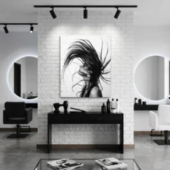 monochrome  hair flip water splash glossy metal print hanging in modern hair salon
