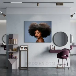 natural afro hair portrait metal art hanging in modern natural hair salon