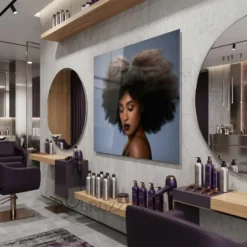 side angle view of natural afro hair portrait aluminum print showing floating wall mount depth