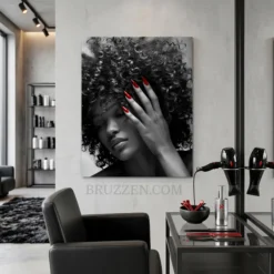 curly afro red nails portrait glossy metal print hanging in modern natural hair salon