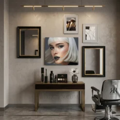 platinum bob hair portrait aluminum metal print styled on modern high fashion gallery wall