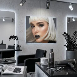 platinum bob hair portrait aluminum metal art hanging in modern hair salon