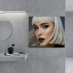platinum bob editorial hair portrait aluminum metal print displayed on living room feature wall