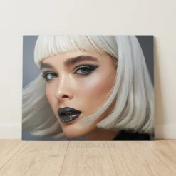 platinum bob hair portrait  metal print salon wall decor on charcoal grey background