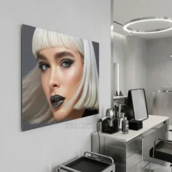 side angle view of platinum bob hair portrait aluminum print showing floating wall mount depth