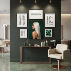 platinum straight hair portrait glossy metal print styled on jewel-toned modern gallery wall