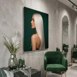 side angle view of platinum straight hair portrait glossy metal print showing floating wall mount depth