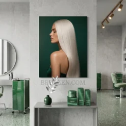 platinum straight hair glossy metal print hanging in modern hair colour bar salon