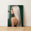 platinum straight hair portrait glossy metal print salon wall art on emerald green background