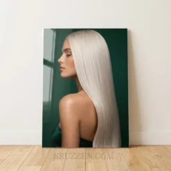 platinum straight hair portrait glossy metal print salon wall art on emerald green background