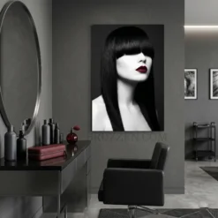 black hair fringe portrait glossy metal print hanging in modern high-end hair salon
