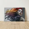 rainbow hair portrait aluminum metal print wall art with vibrant flowing hair on grey background