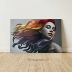 rainbow hair portrait aluminum metal print wall art with vibrant flowing hair on grey background
