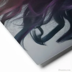 side angle view of rainbow hair portrait aluminum print showing floating wall mount depth