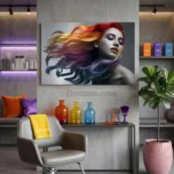 vibrant rainbow hair portrait aluminum metal print hanging in modern hair salon