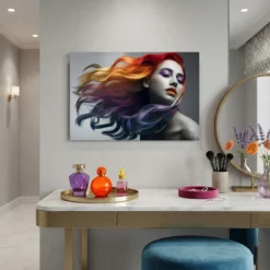 colorful flowing hair portrait aluminum metal print displayed on vanity room wall at home