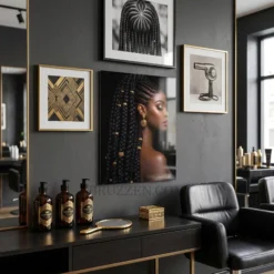regal black braids gold jewelry portrait glossy metal print styled on dark luxe Afrocentric gallery wall