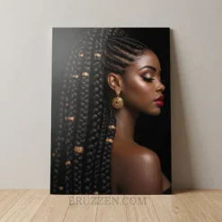 regal black box braids gold jewelry portrait glossy metal print braiding studio wall art on black background