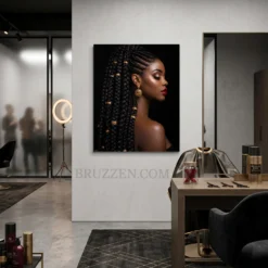 regal black braids gold jewelry portrait glossy metal print hanging in modern Afrocentric braiding studio
