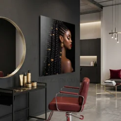 side angle view of regal black braids gold jewelry portrait glossy metal print showing floating wall mount depth