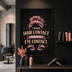 Modern living room featuring a rose gold and black hair salon poster hanging above a velvet sofa.